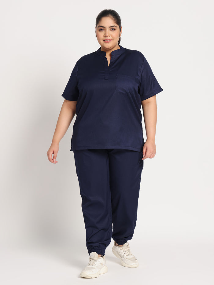 Stretchable (2Way) Women Navy Blue Mandarin Neck With Jogger Scrub Set