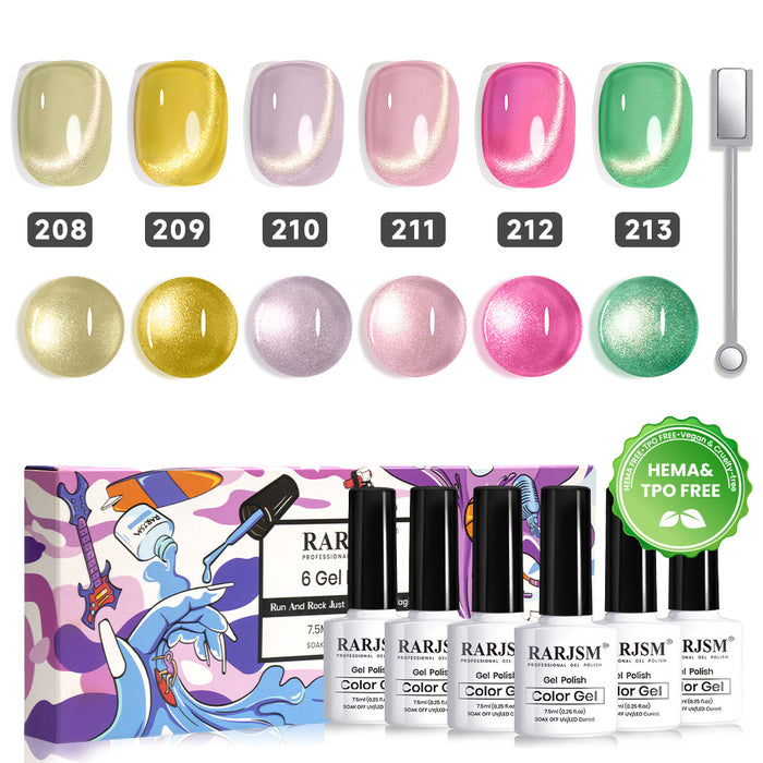 Summer champagne cat eye gel polish set 6 colors 7.5ml TPO HEMA free sparkling champagne shimmer magnetic glow summer wedding
