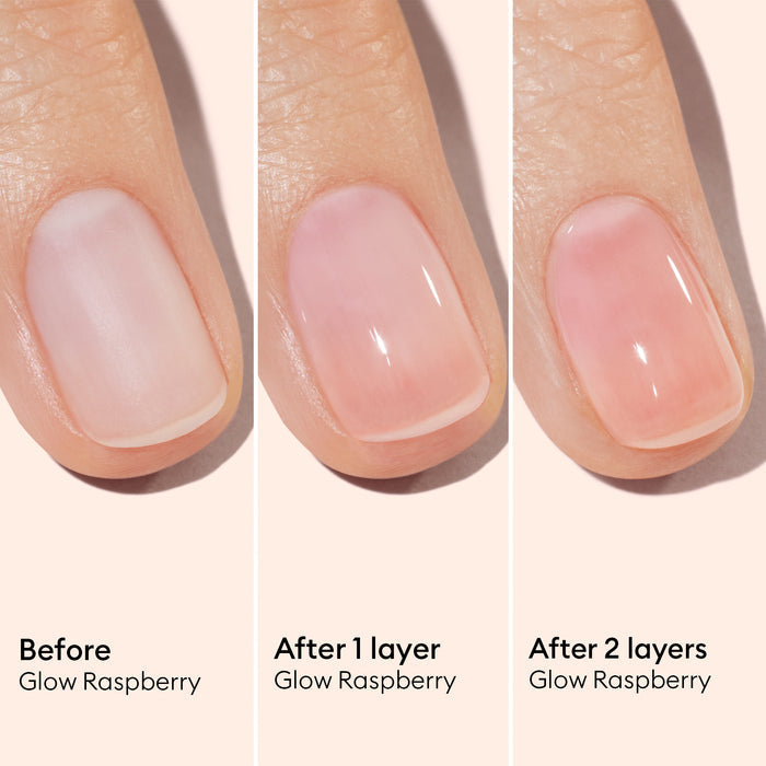 A close-up of a fingernail in three stages: bare, with one layer, and with two layers of pink Glow Raspberry polish—each glossier than the last—achieved using the Manucurist Super Ultimate Active Manicure Kit.