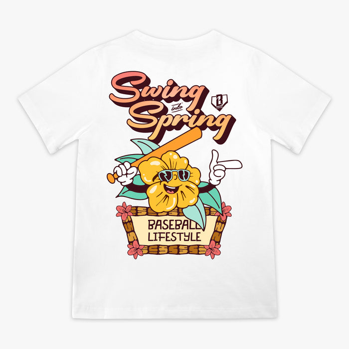 White t-shirt with a cartoon flower character holding a baseball bat and sunglasses, with text 'Swing into Spring' and 'Baseball Lifestyle'.