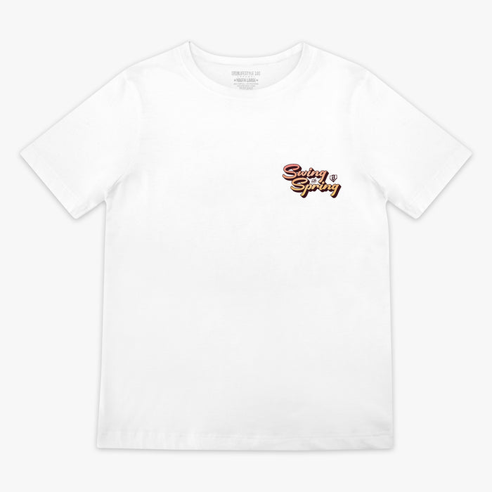 White t-shirt with 'Spring into Spring' text design on a white background