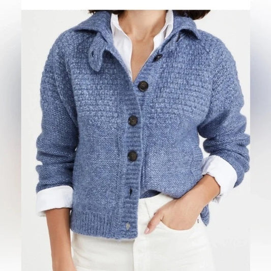 The Great shrunken hearth cardigan in saltwater blue, size S, featuring a cozy knit design and classic fit.