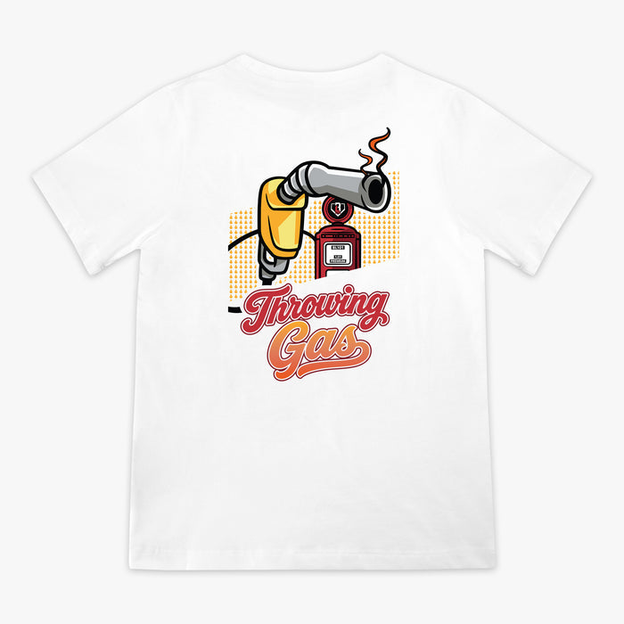 Flat lay back of white tee with colorful gas nozzle and vintage pump illustration and "Throwing Gas" script graphic.