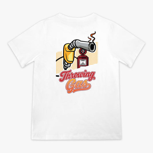 Flat lay back of white tee with colorful gas nozzle and vintage pump illustration and "Throwing Gas" script graphic.