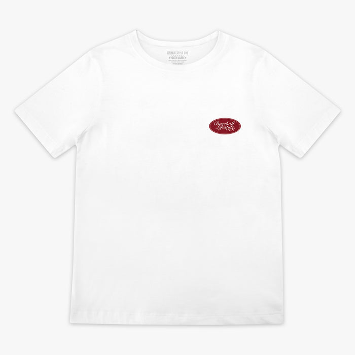 Flat lay front of white tee with red oval Baseball Lifestyle 101 chest graphic.