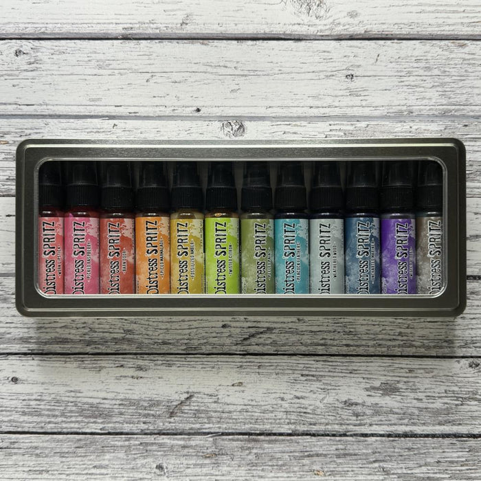 Tim Holtz - Distress Spritz Storage Tin - Holds 12 Distress Spritz Bottles. Available at Embellish Away located in Bowmanville Ontario Canada.