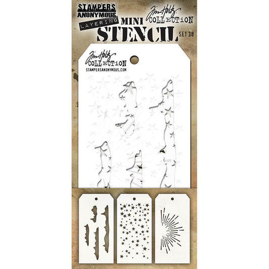 Tim Holtz - Mini Stencil Set - #38 (3pc). Available at Embellish Away located in Bowmanville Ontario Canada.