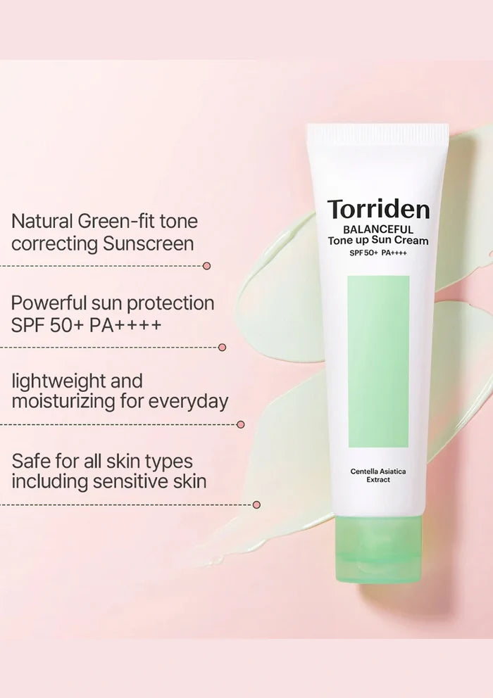 Torriden Balanceful Tone Up Sun Cream on a pink background with product details.