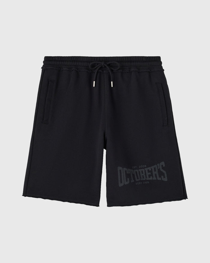 Black training sweatshort with drawstring waist, side pockets, and text graphic on leg.