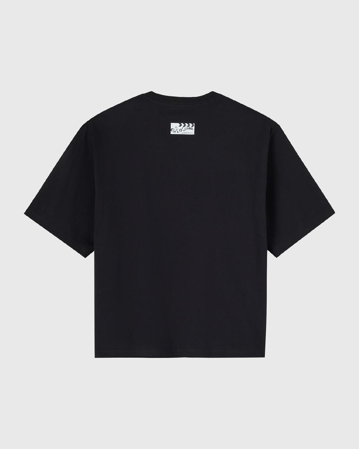 Black short-sleeve t-shirt with small white logo label on upper back.