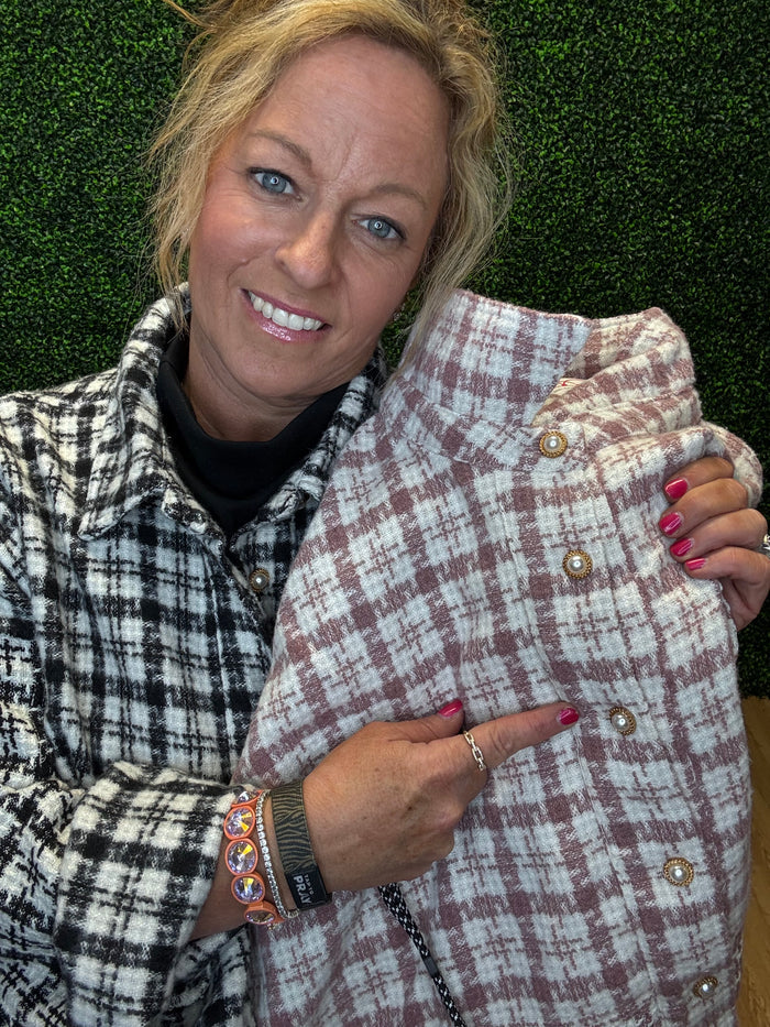 Tweed Plaid Pearl Button Shacket by Umgee
