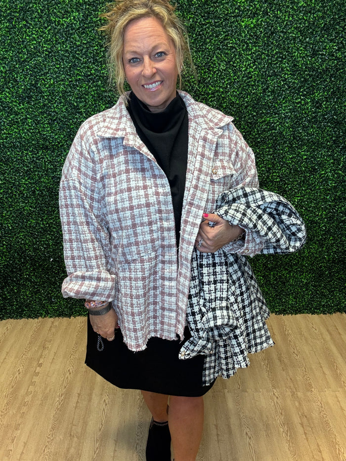 Tweed Plaid Pearl Button Shacket by Umgee