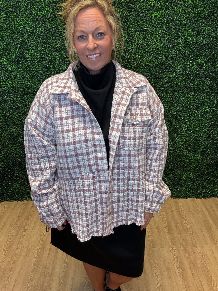 Tweed Plaid Pearl Button Shacket by Umgee