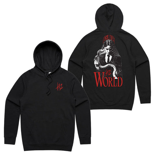 Black midweight hoodie by TX2 with a small red HZ logo on the front left chest. The back features a large graphic of a person holding a snake and bold red CRUEL WORLD text. Made by Independent Trading Co.
