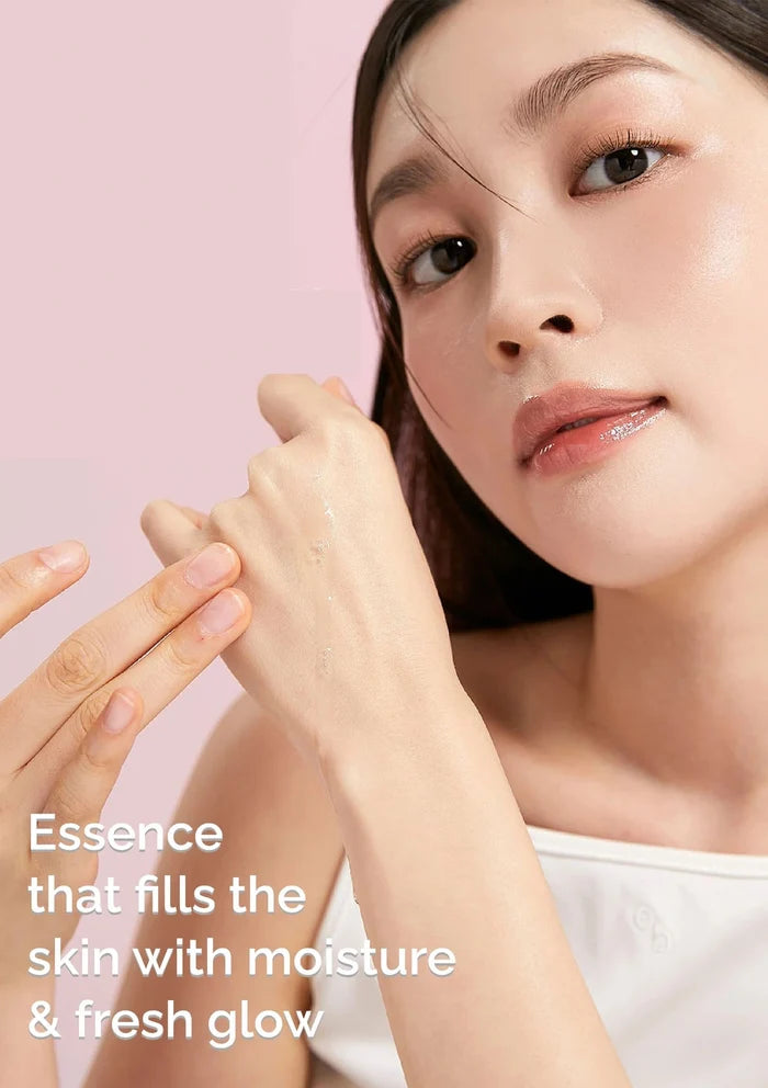 Woman applying skincare product with text about moisture and fresh glow