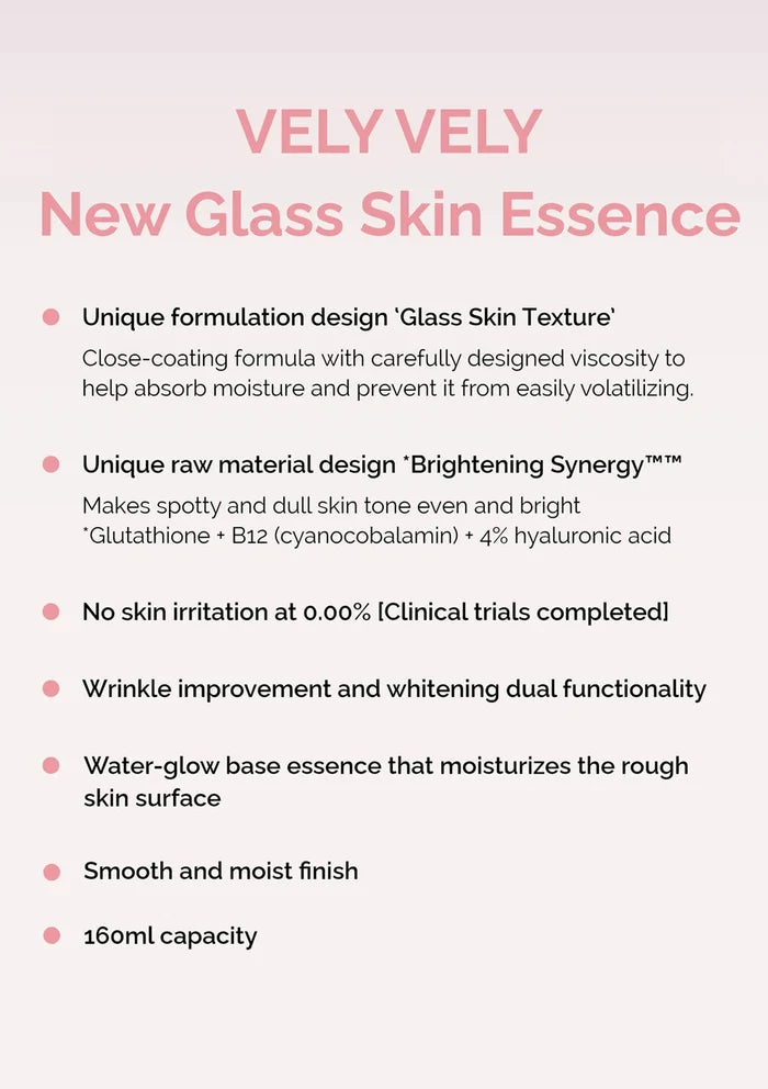 Product description of VELY VELY New Glass Skin Essence on a light pink background