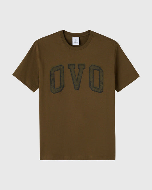 Moss-colored short-sleeve t-shirt with distressed arch lettering on the front.