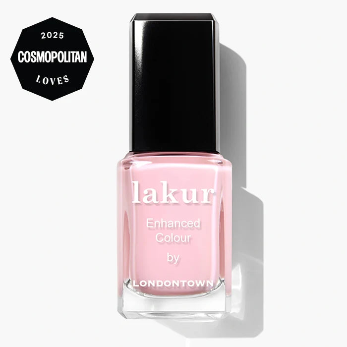 A bottle of LONDONTOWN Waterloo Sunset vegan, cruelty-free nail polish in light pink, featuring a 2025 Cosmopolitan Loves award badge in the top left corner.