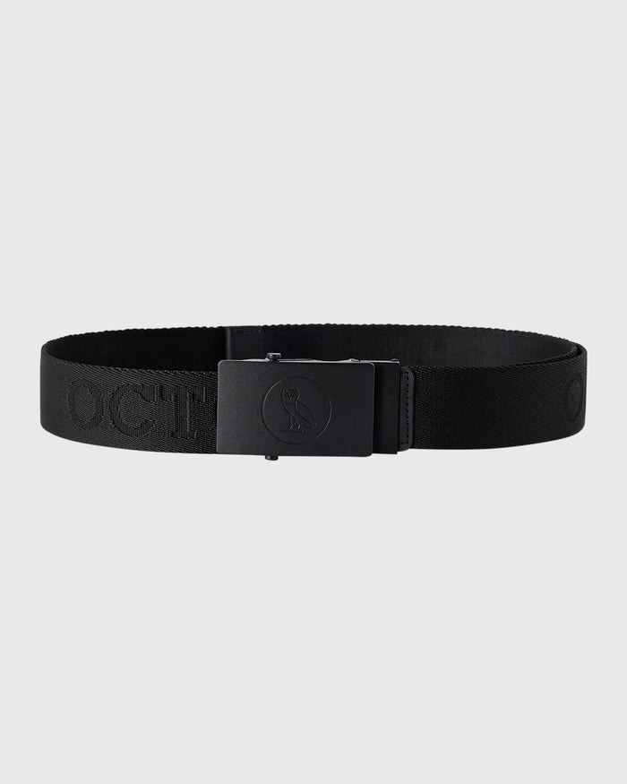 Black webbed belt with rectangular metal buckle featuring embossed bird logo.