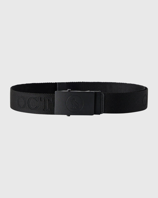 Black webbed belt with rectangular metal buckle featuring embossed bird logo.