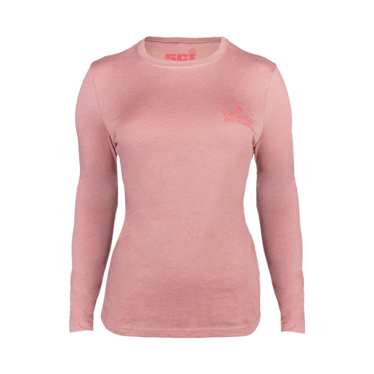 Mauve womens long sleeve tee with Women go hunting text on left chest