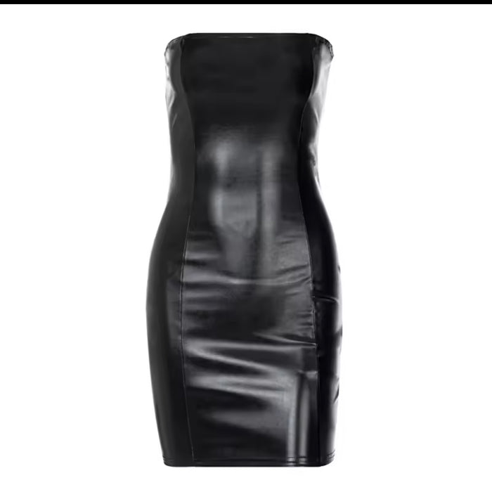 Women's Black Strapless Faux Leather Mini Dress