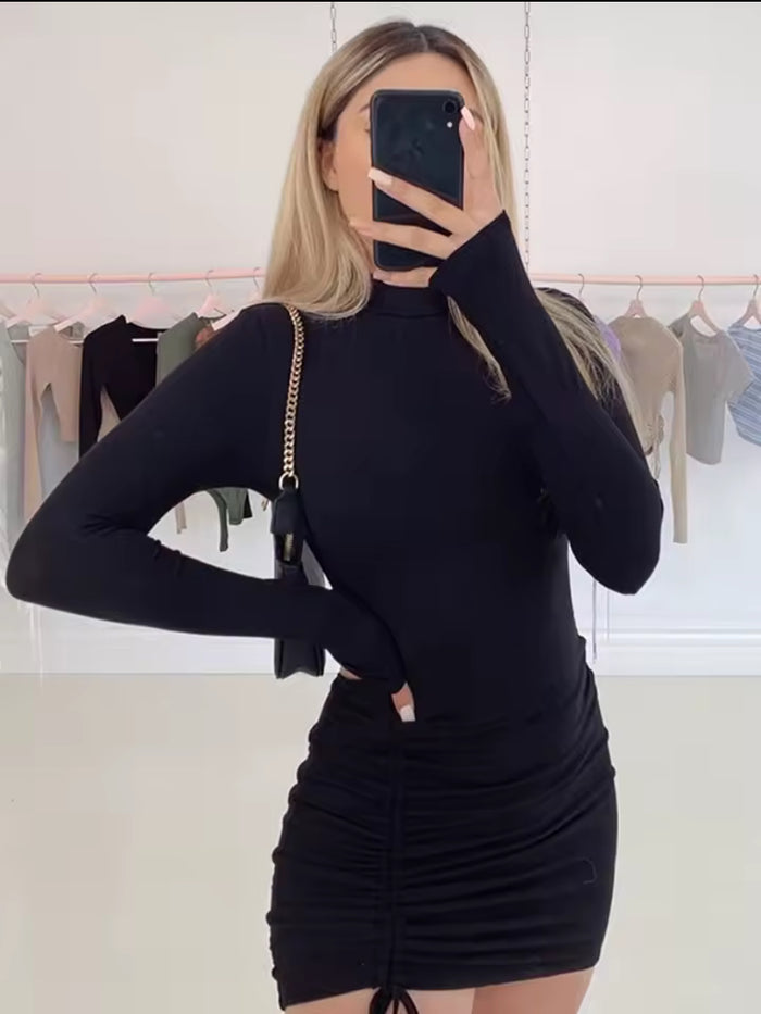 Women's Turtleneck Ruched Drawstring Mini Dress