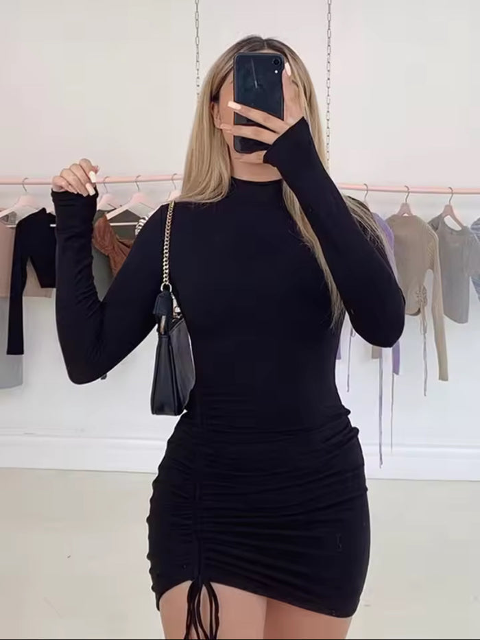 Women's Turtleneck Ruched Drawstring Mini Dress