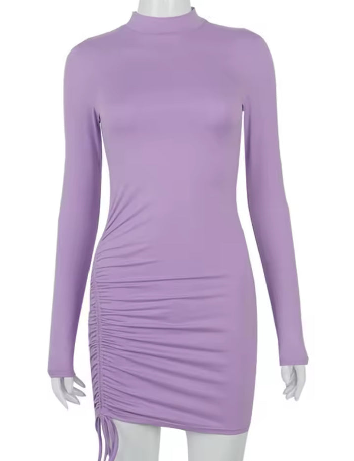 Women's Turtleneck Ruched Drawstring Mini Dress