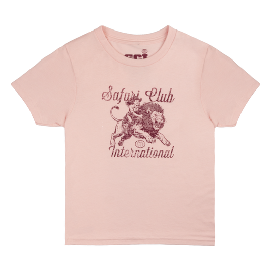 youth pink shirt with graphic of a lion with text "Safari Club International"